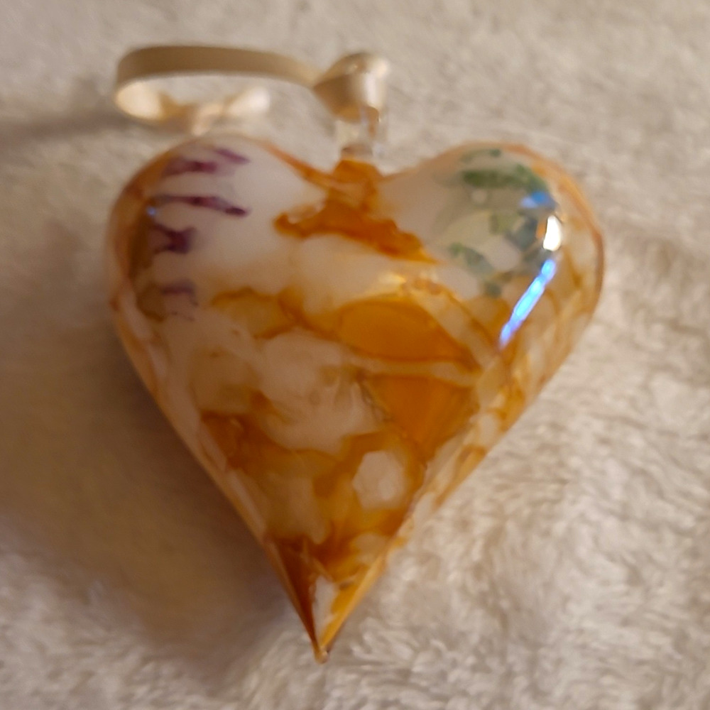 Hand Blown Glass Heart Ornament Marbled Orange White Swirl Sun Catcher Valentine